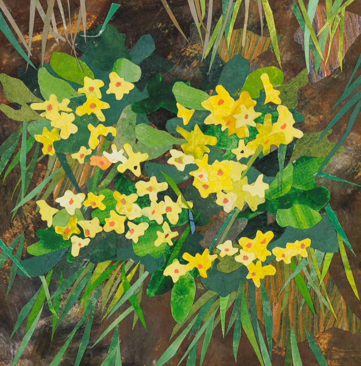 Southolt Primroses, 2025 (collage van aquarelverf op papier) door Christine McKechnie