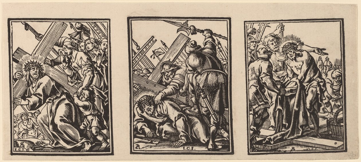 Drie Scènes op de Weg naar Golgotha door Christoffel Jegher after Anthonis Sallaert