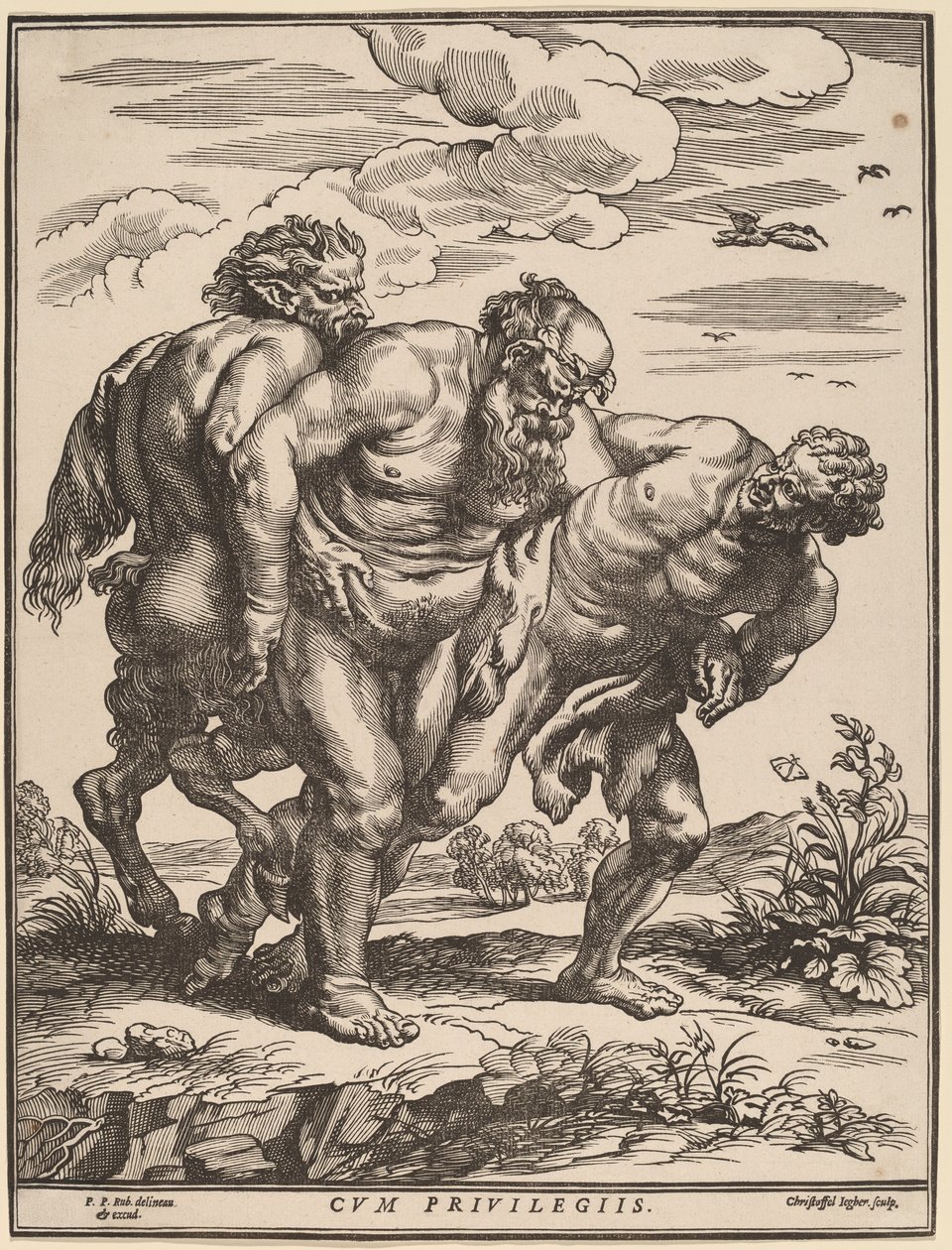 Silenus vergezeld door een sater en een faun door Christoffel Jegher after Sir Peter Paul Rubens