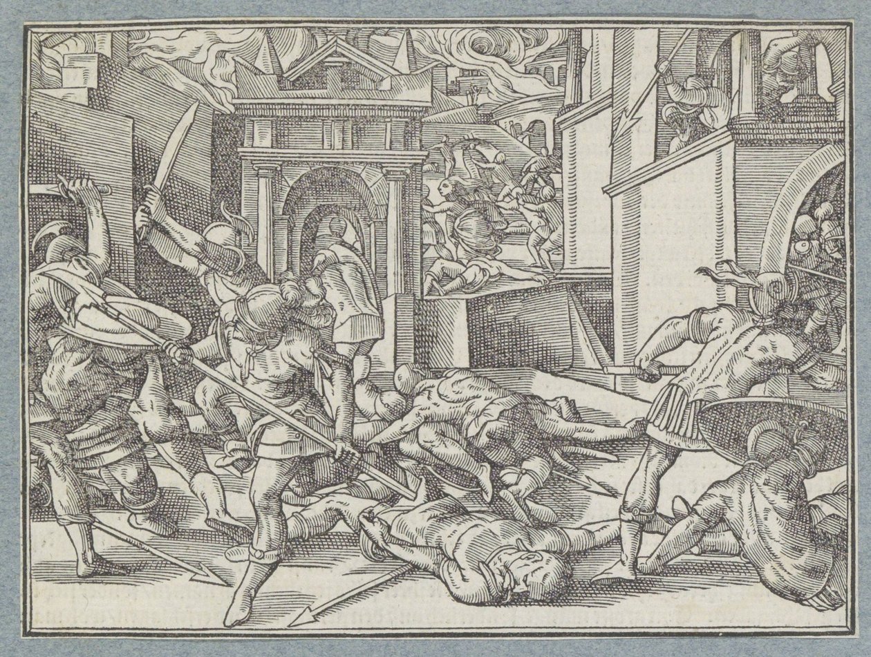 Vechtende soldaten in een stad door Christoffel van Sichem (I)