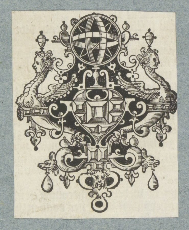 Ornament met edelstenen en hemelglobe door Christoffel van Sichem (II) (possibly)