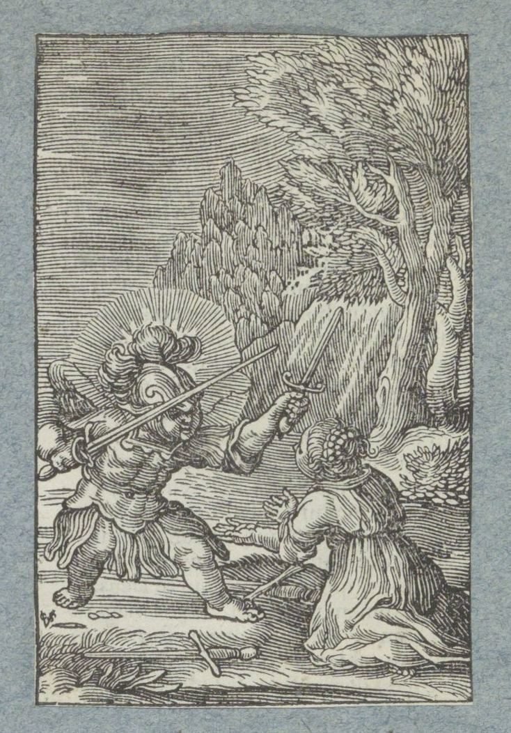 Kind geeft zich over aan engel gekleed als ridder door Christoffel van Sichem (II)