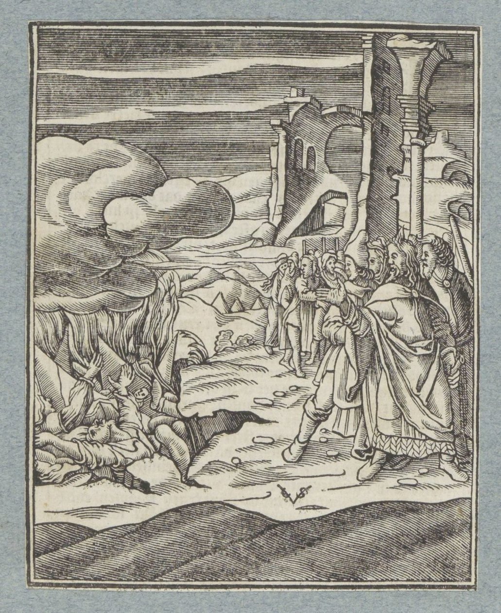 Korach, Datan en Abiram en hun gezinnen worden door de aarde verzwolgen door Christoffel van Sichem (II)