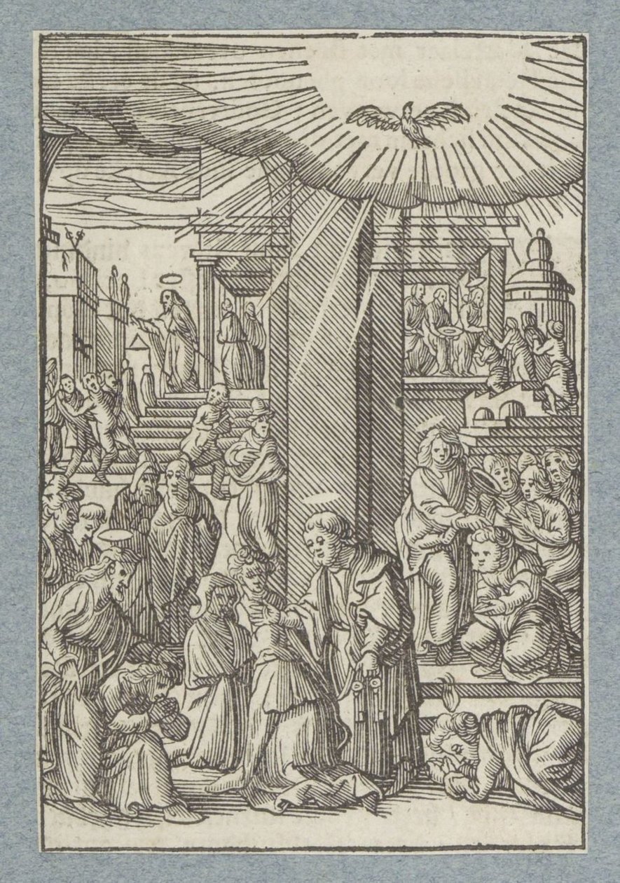 Petrus, Johannes en Filippus zegenen gelovigen in Samaria door Christoffel van Sichem (II)