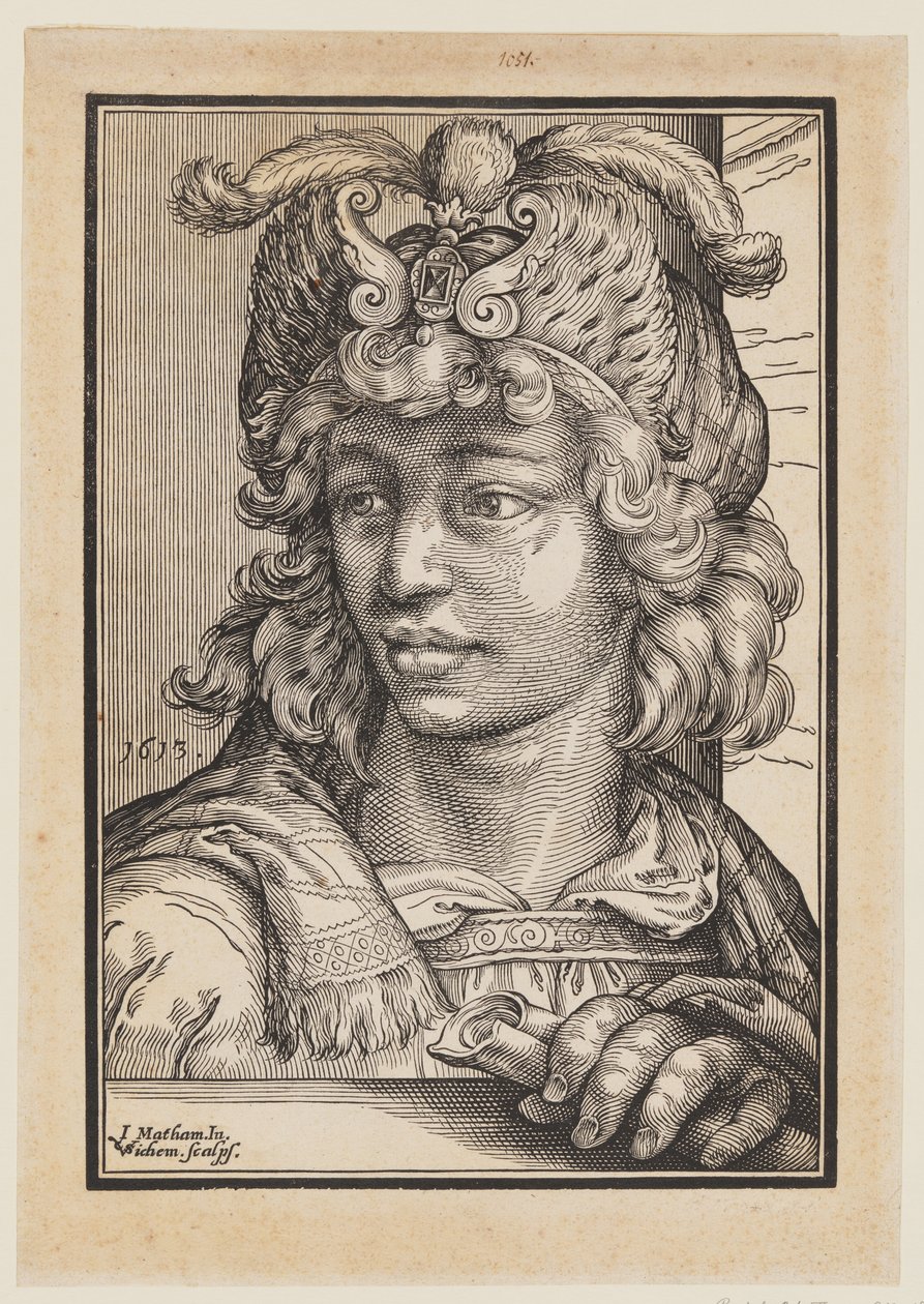 Borstbeeld van een jonge man met gevederde muts door Christoffel van Sichem I