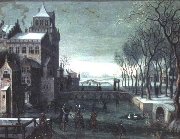 Een Winterlandschap met Figuren die Schaatsen bij een Kasteel met Gracht door Christoffel van den (circle of) Berghe