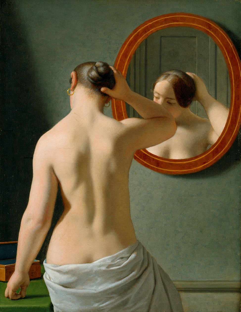 Een naakte vrouw doet haar haar voor een spiegel door Christoffer Wilhelm Eckersberg