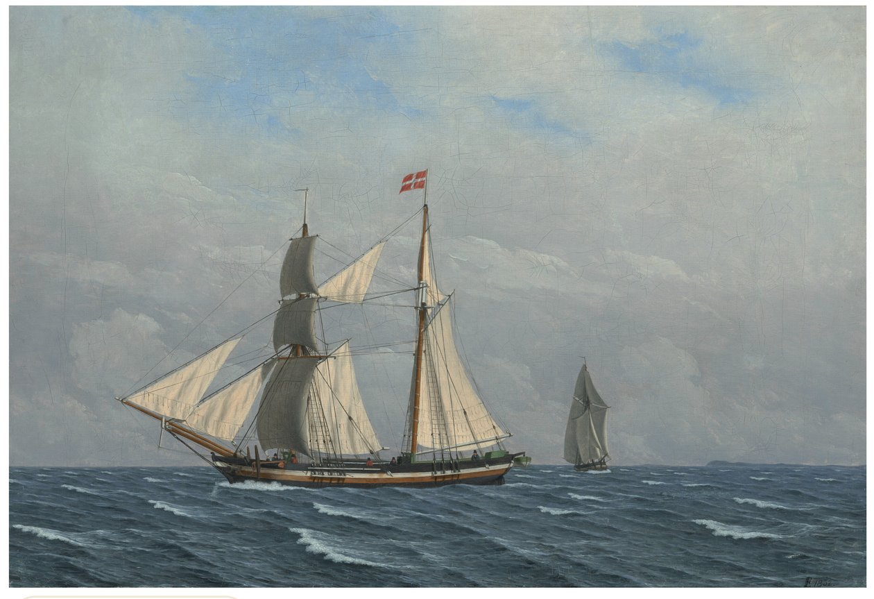 Een zeilboot met volle zeilen (En skonnert for fulde sejl) door Christoffer Wilhelm Eckersberg