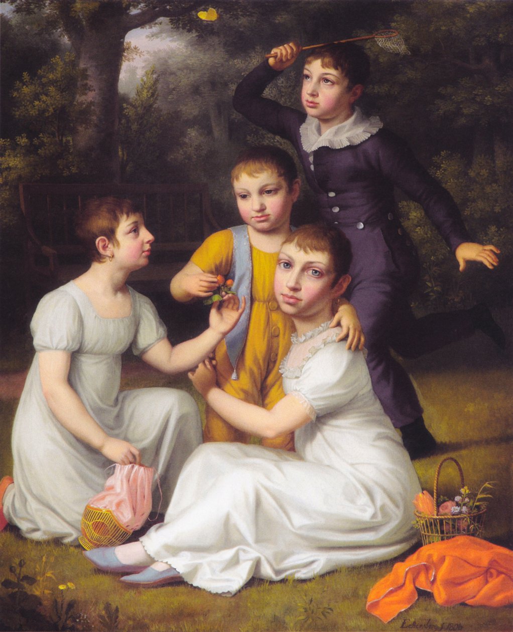 Portret van de vier oudste kinderen van Johannes Søbøtker in Hummeltofte. door Christoffer Wilhelm Eckersberg