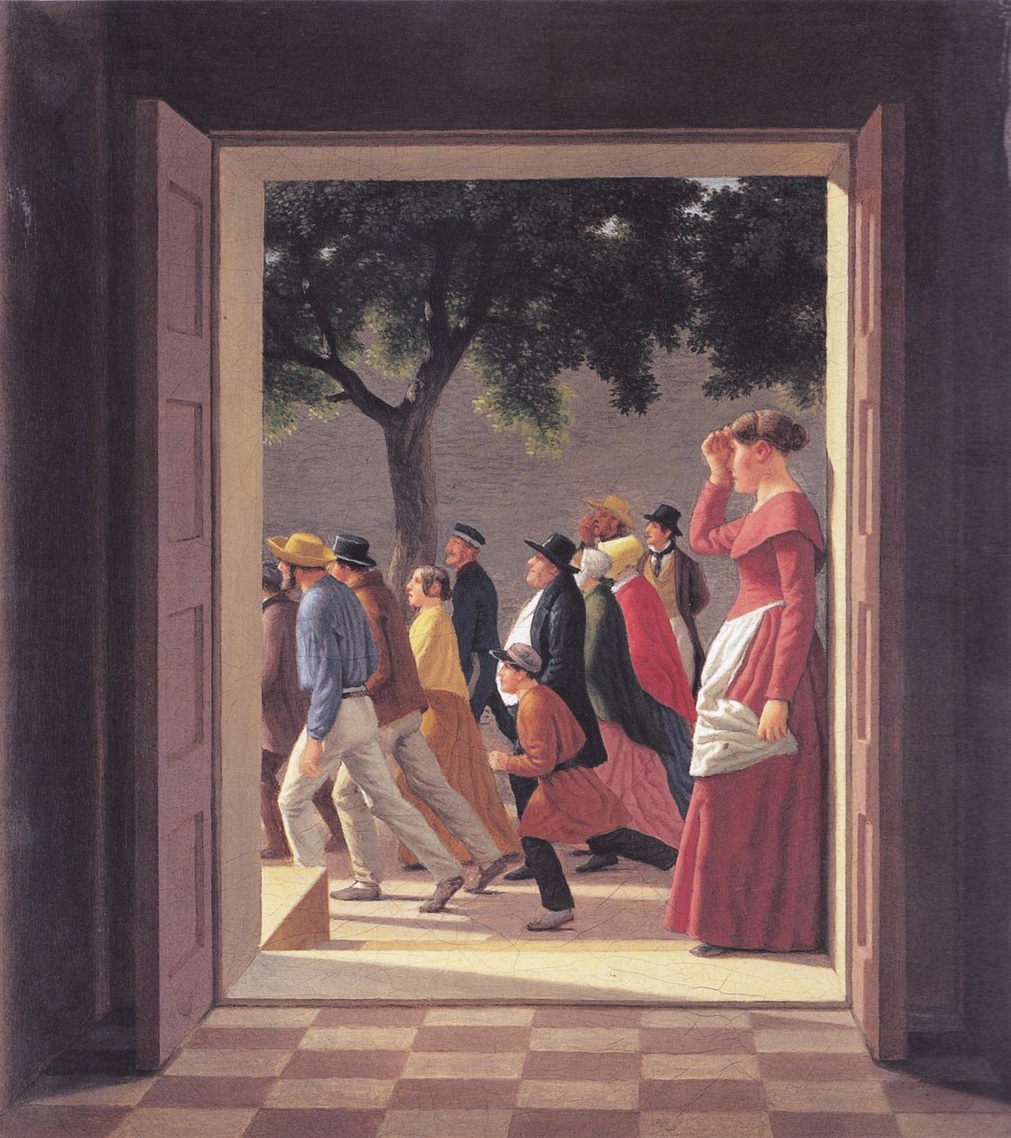 Zicht door een deur naar lopende figuren. door Christoffer Wilhelm Eckersberg