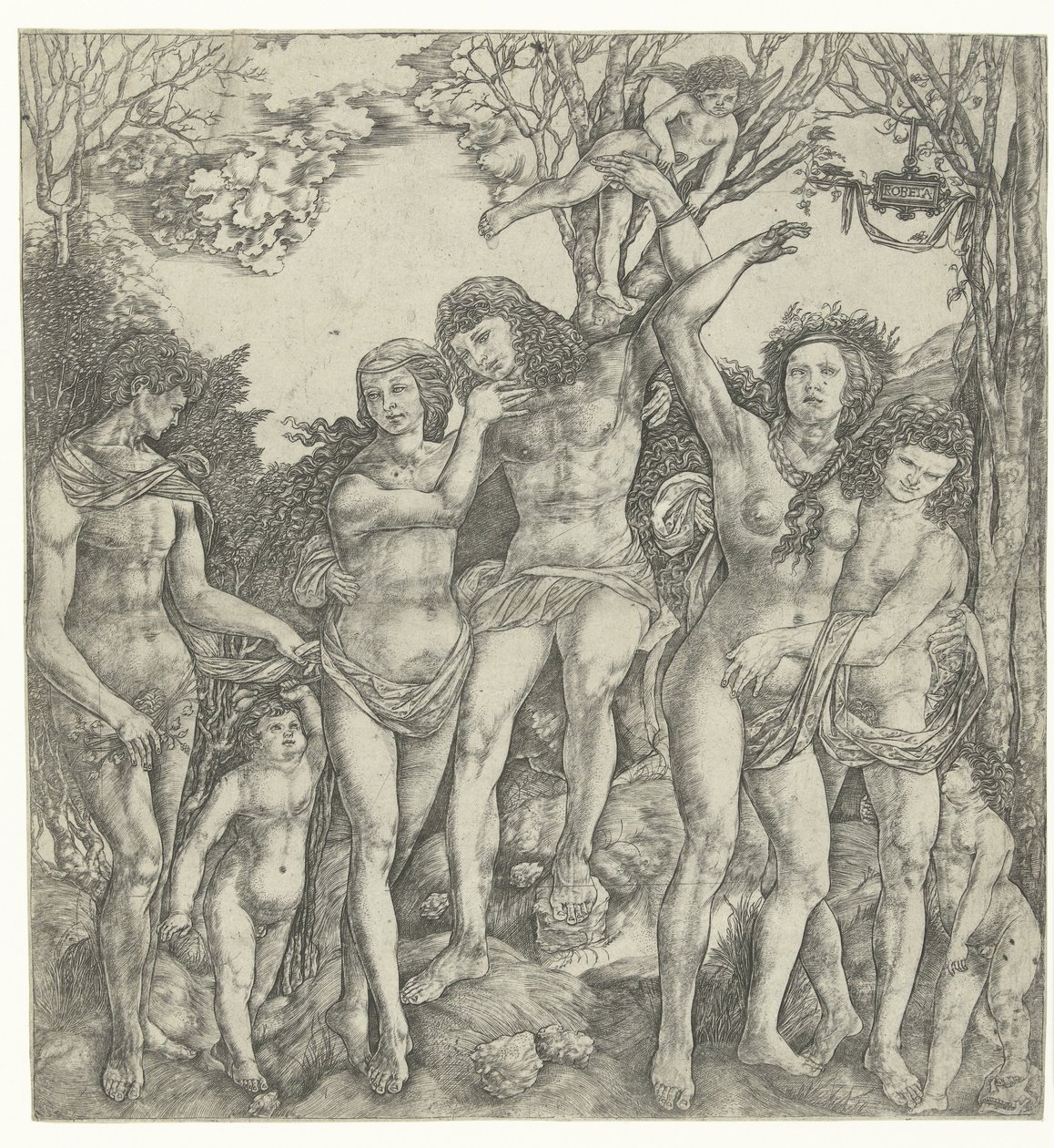 Allegorie op de liefde met liefdesparen en Amor in landschap door Christoforo di Michele Robetta