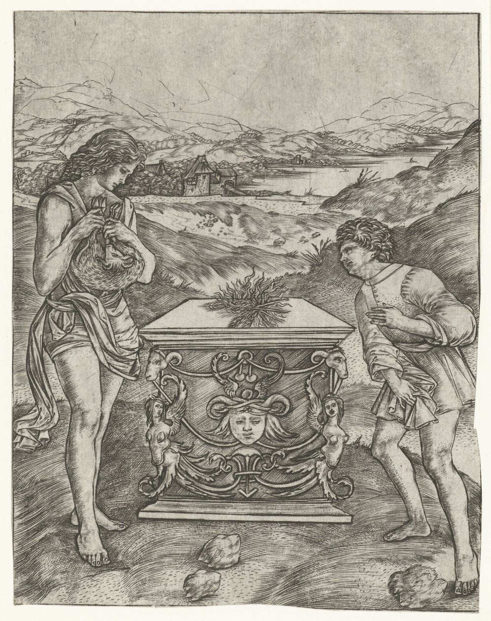 Kain en Abel offeren lam op altaar door Christoforo di Michele Robetta