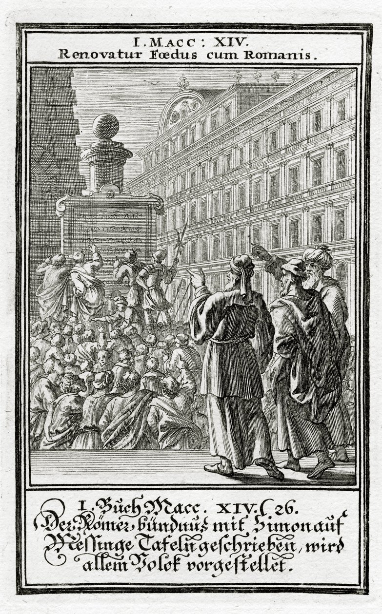 Het Romeinse verbond met Simon, geschreven op bronzen platen, wordt aan het volk gepresenteerd, 1 Makkabeeën 14:26, 1695 door Christoph Weigel