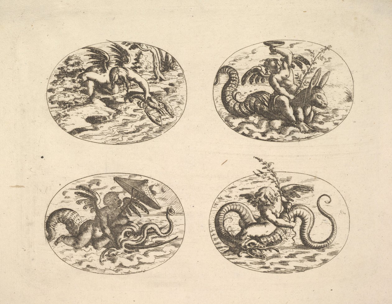 Putti met zeemonsters, platen uit het Neue Grotessken Buch, 1610 door Christoph Jamnitzer