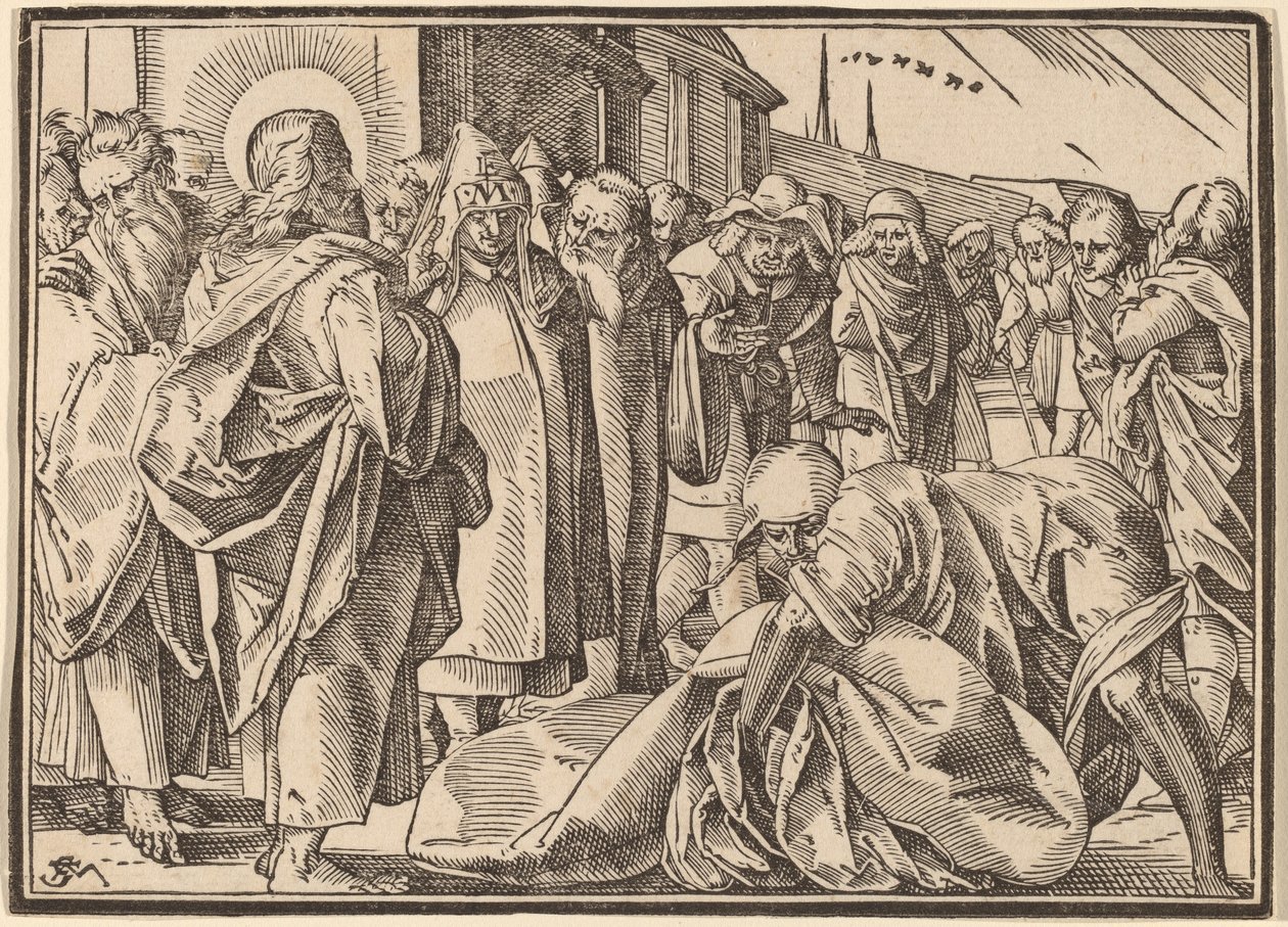 De verlamde genezen door Christus pakt zijn pallet op door Christoph Murer
