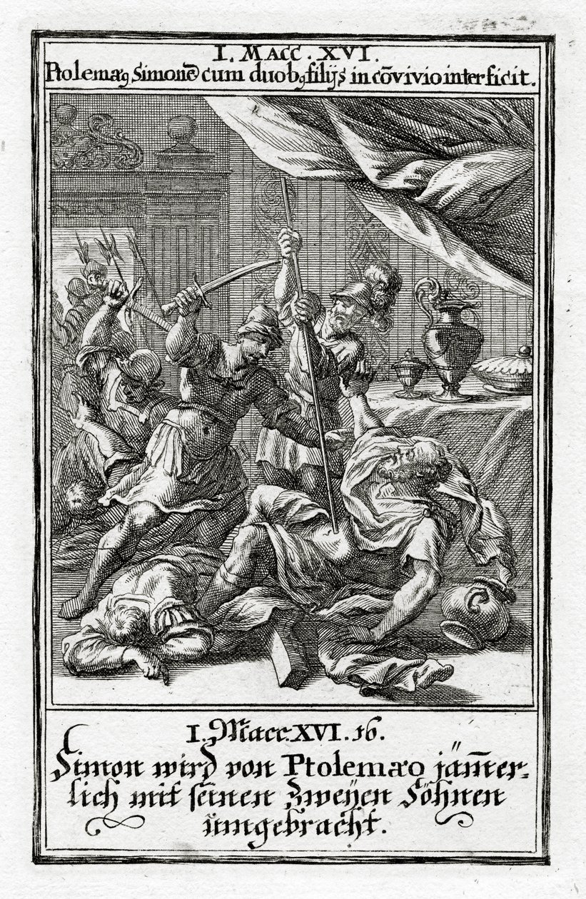 Simon en zijn twee zonen worden gedood door Ptolemaeus. 1 Makkabeeën 14:16, 1695 door Christoph Weigel