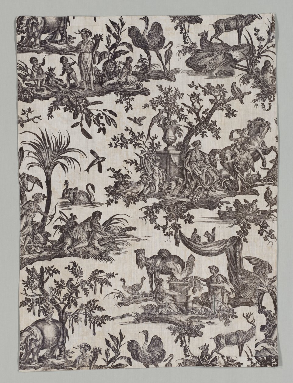 Fragment van koperplaat bedrukt katoen met Les quatres parties du monde ontwerp, 1788 door Christophe Philippe Oberkampf