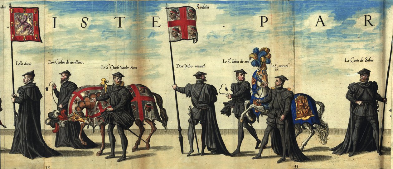 Vlag van het Koninkrijk Sardinië in de begrafenisstoet van keizer Karel V door Christophe Plantin