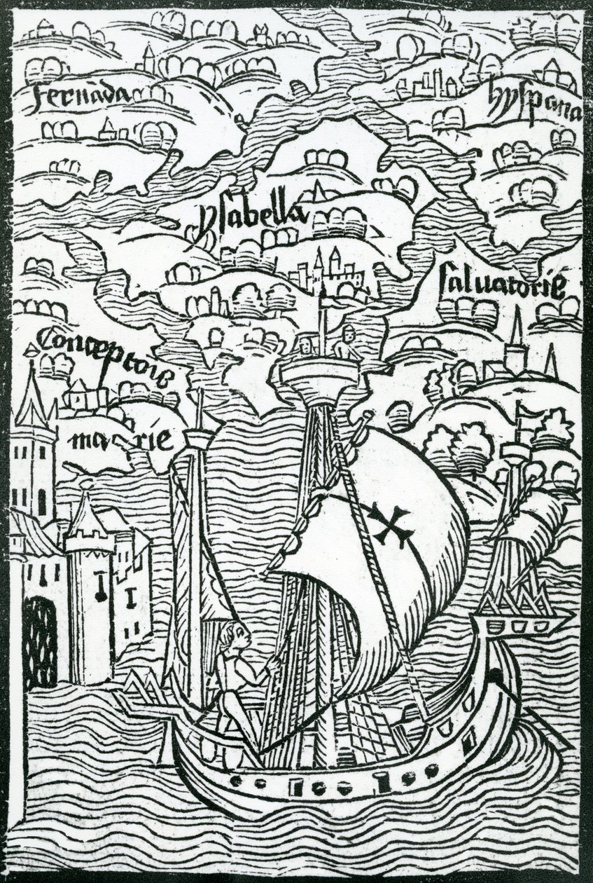Kaart die de eilanden Salvador, Espanola, Fernanda, Isabella en Conception beschrijft, 1493 door Christopher Columbus
