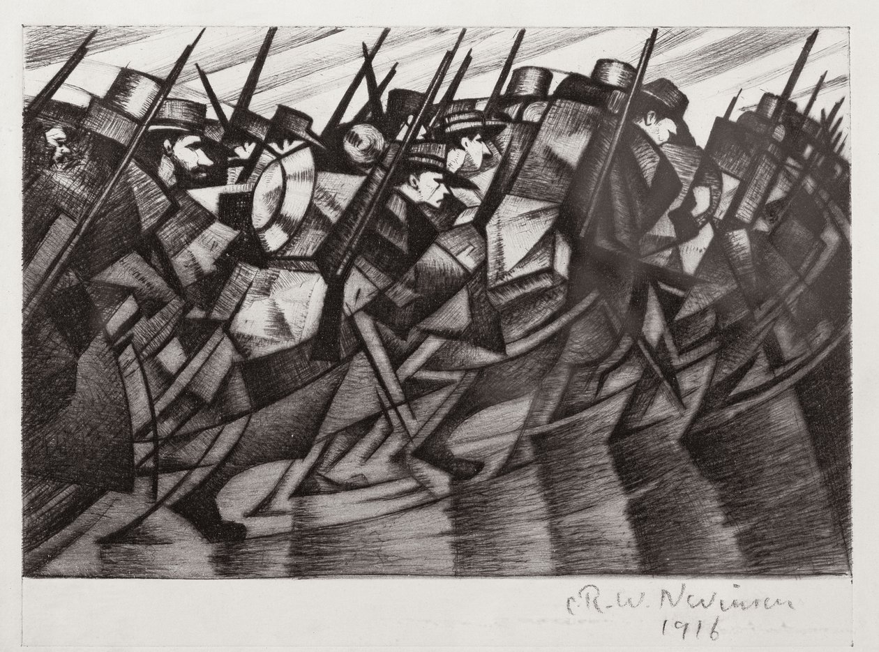 Troepen keren terug naar de loopgraven, 1916 door Christopher Richard Wynne Nevinson