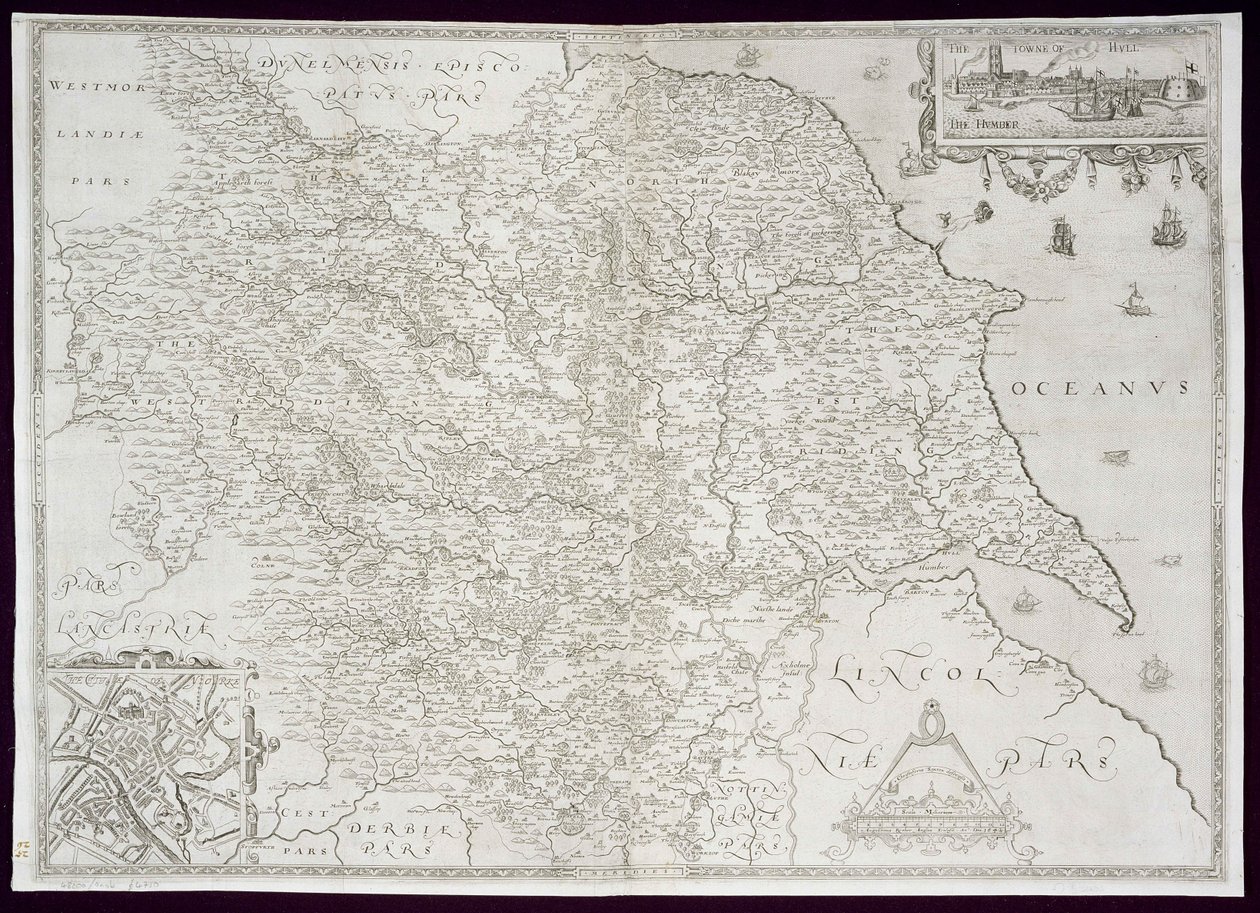 Kaart van Yorkshire, gegraveerd door William Web, gepubliceerd 1645 door Christopher Saxton