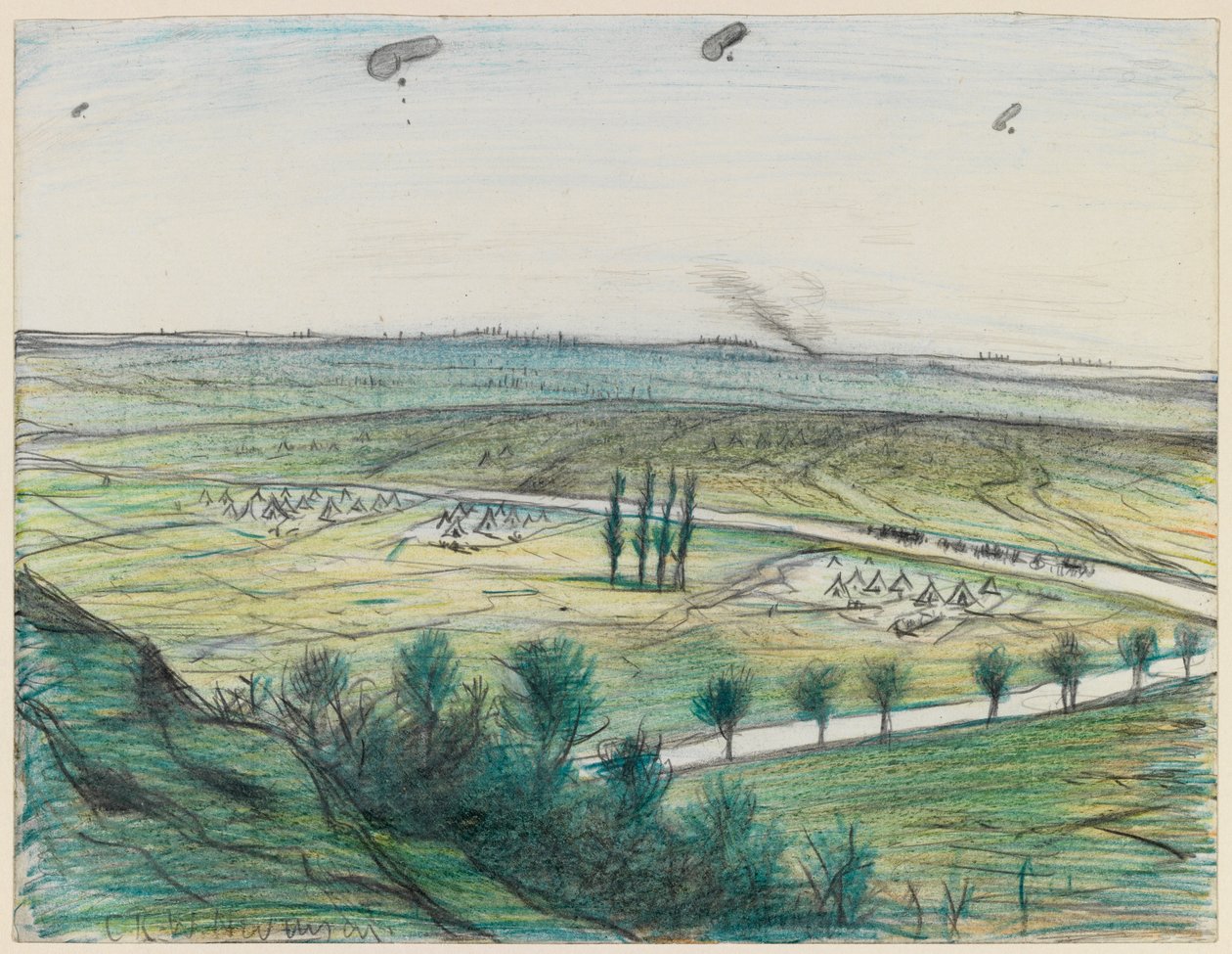 Landschap met observatieballonnen, 1914-18 door Christopher Richard Wynne Nevinson