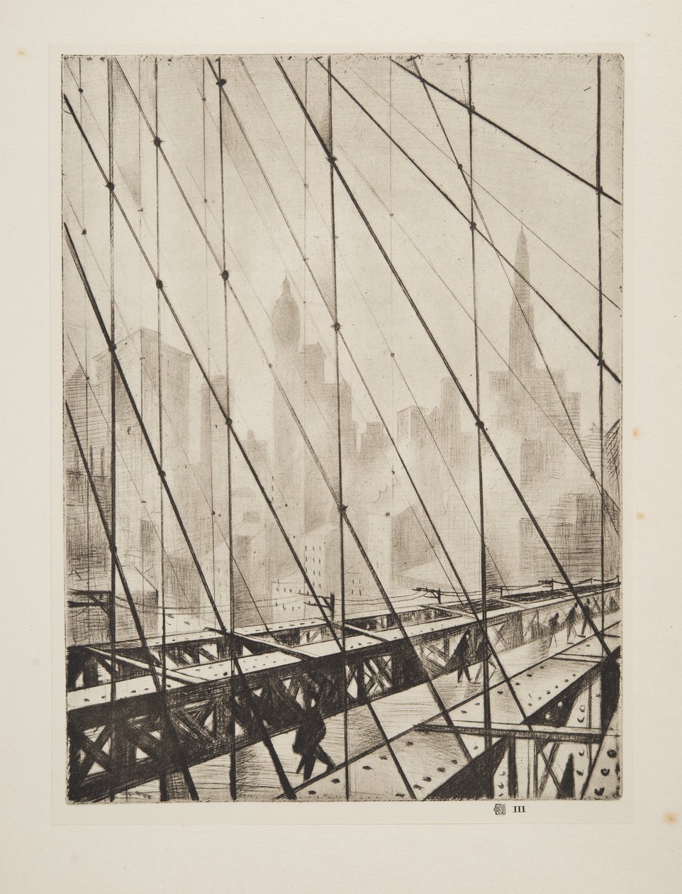 Kijkend door Brooklyn Bridge, uitgegeven 1921 door Christopher Richard Wynne Nevinson