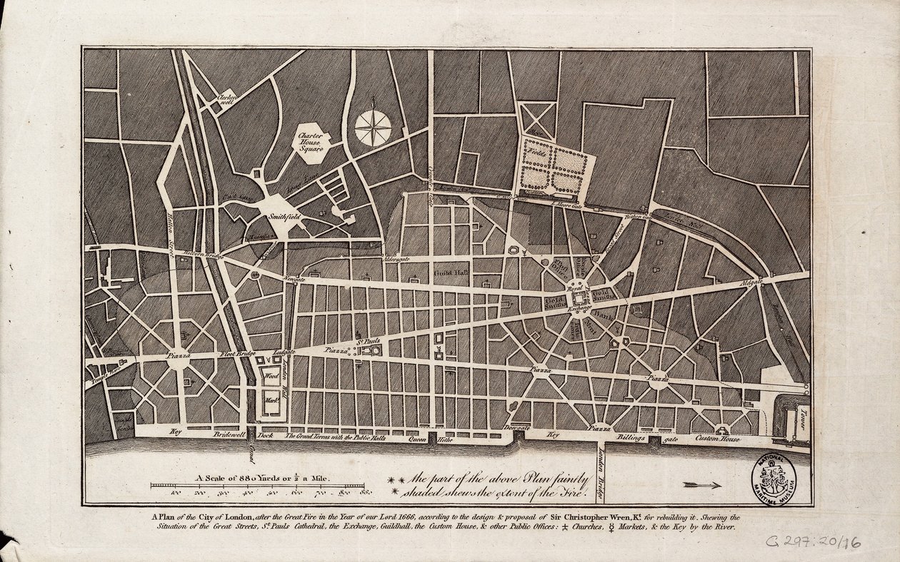 Plan van de stad Londen na de Grote Brand van 1666 (prent) door Christopher Wren