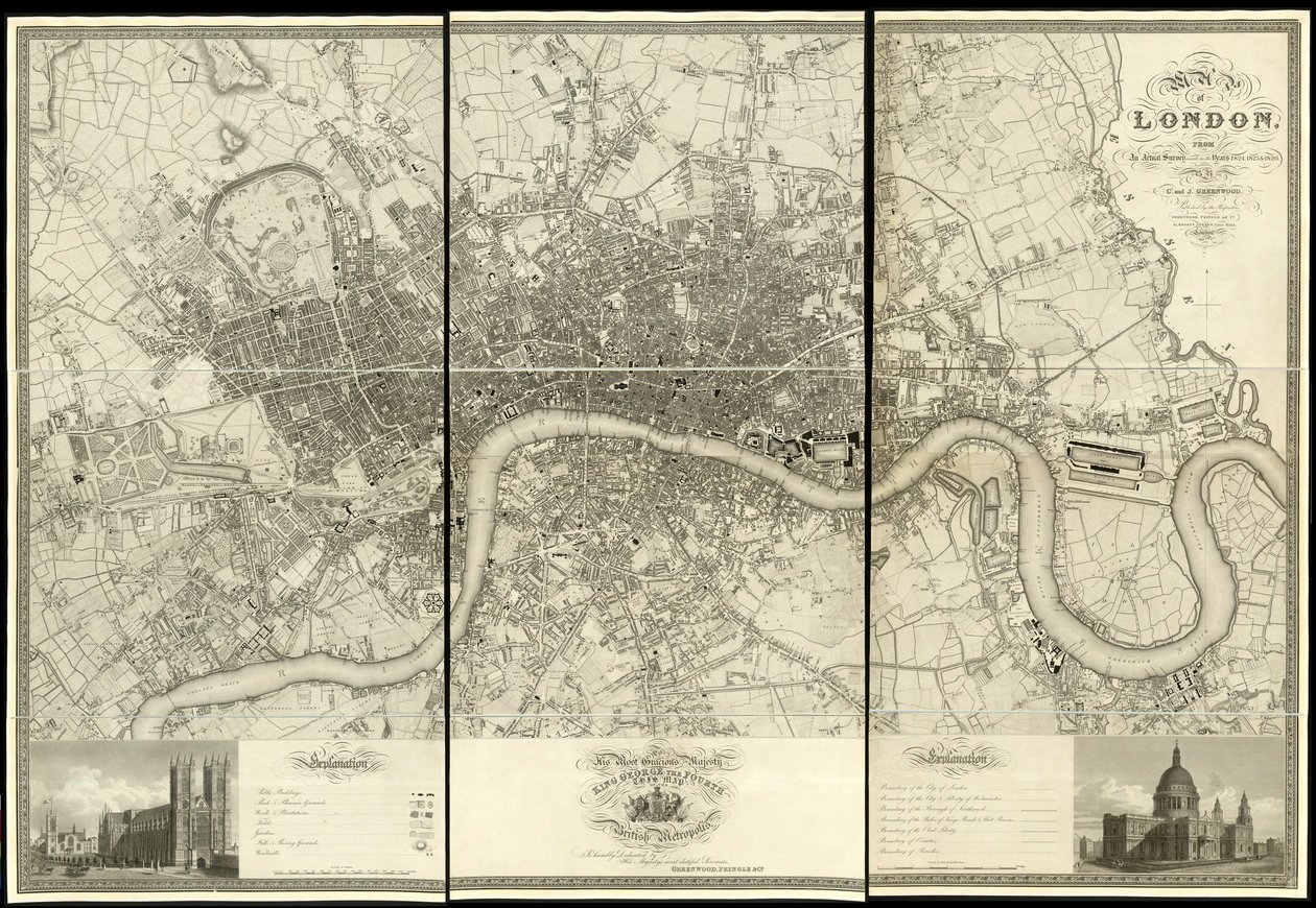 Kaart van Londen, van een daadwerkelijke survey gemaakt in de jaren 1824 door Christopher and John (fl.1821 40) Greenwood