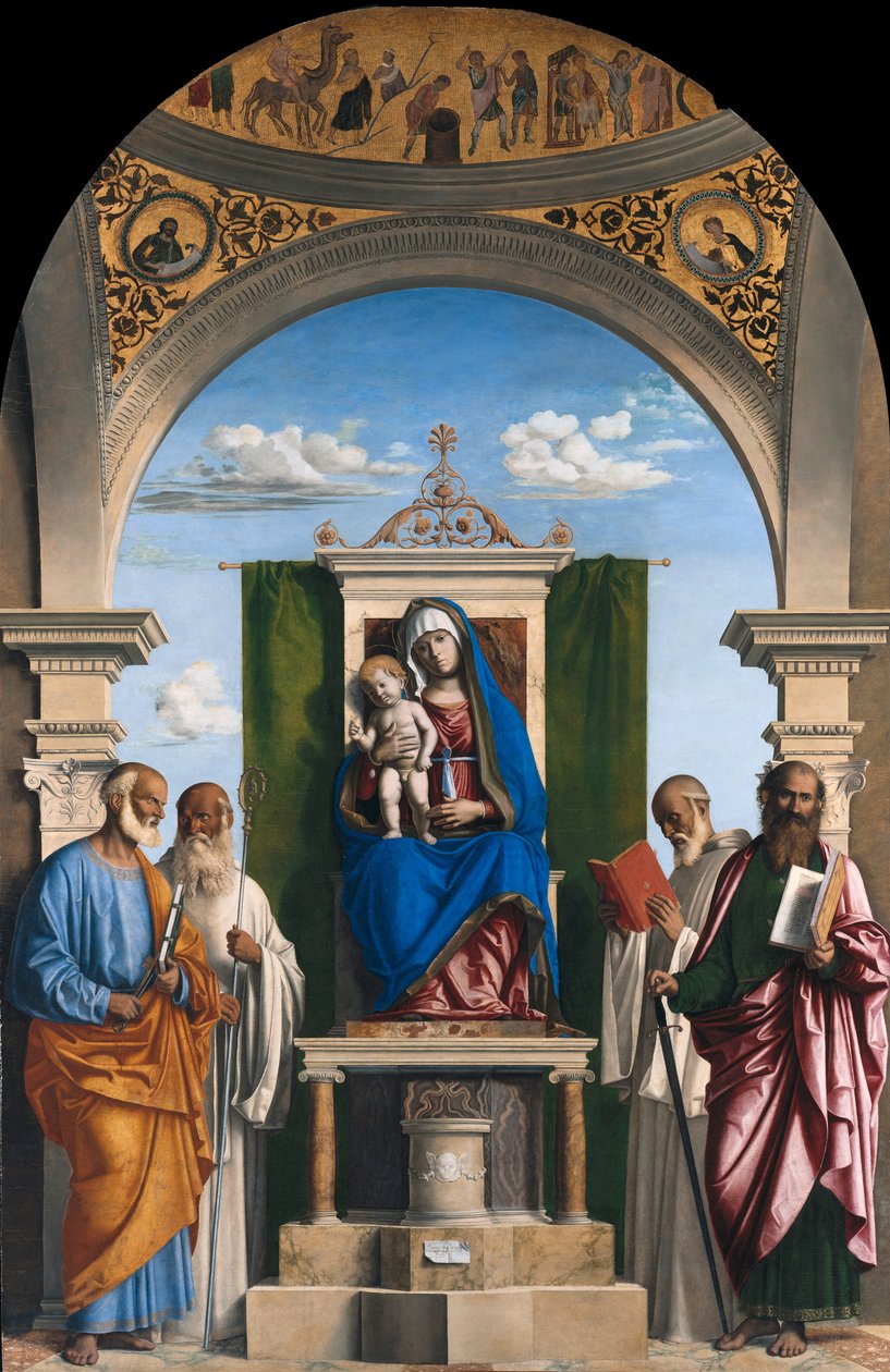 Madonna op de troon met kind en de heiligen Petrus, Romualdus, Benedictus en Paulus door Cima da Conegliano