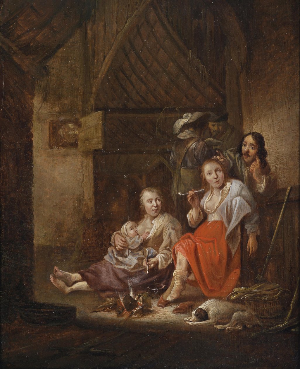 Boereninterieur met figuren bij een haard door Circle of Anthonie Palamedes