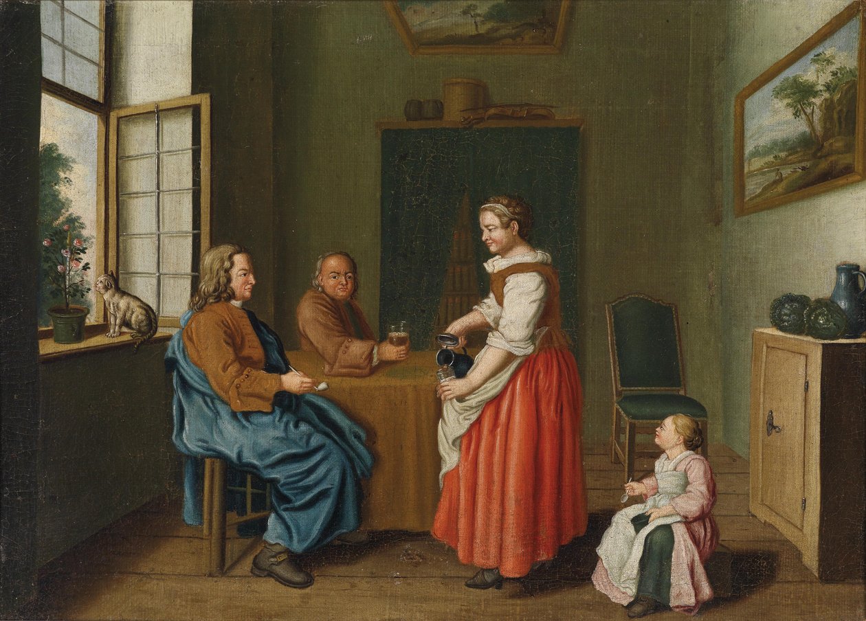 Interieur met twee mannen aan tafel en een dienstmeid die hen bedient door Jan Josef Horemans II