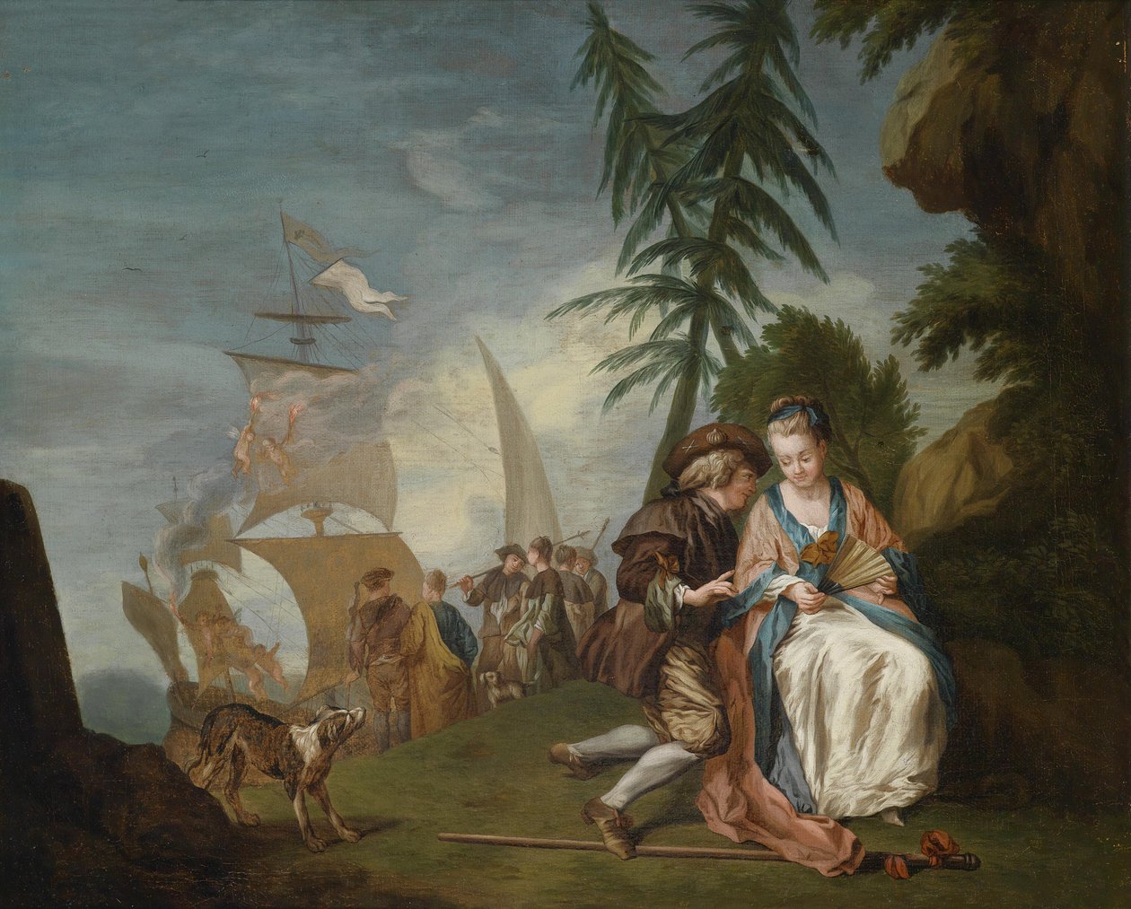 Een galant paar voor de inscheping naar Kythera door Circle of Jean Baptiste Le Prince
