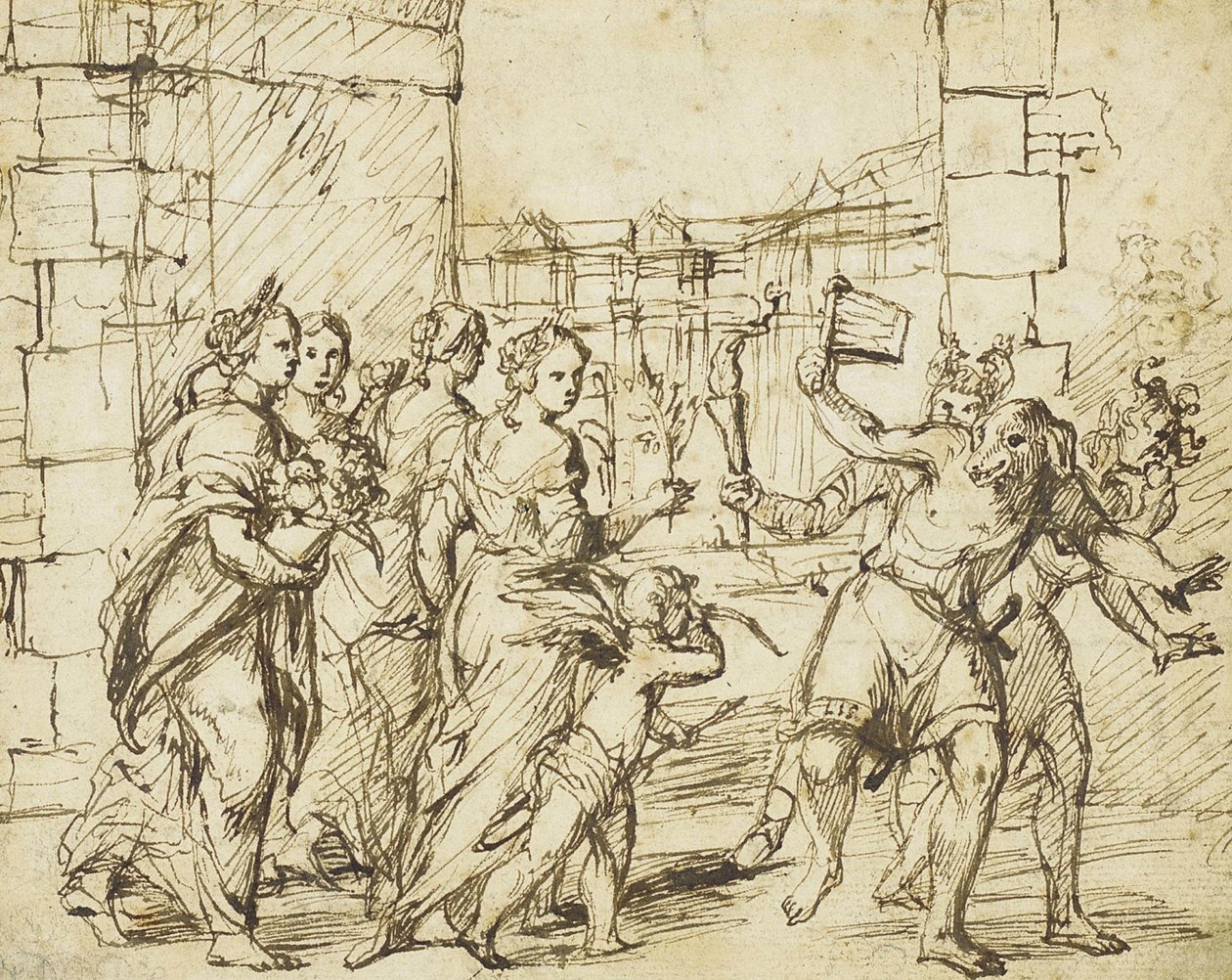 Het Lupercalian Festival in Rome: Cupido en personificaties van vruchtbaarheid ontmoeten de Luperci verkleed als honden en geiten door Circle of Adam Elsheimer