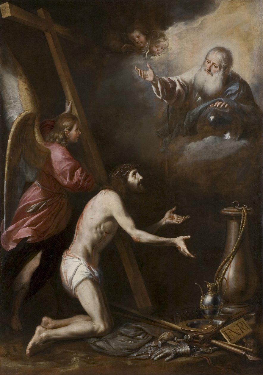 Spaans: Cristo flagelado arrodillado ante Dios Padre (Gegeselde Christus knielend voor God de Vader) door Circle of Antonio del Castillo y Saavedra