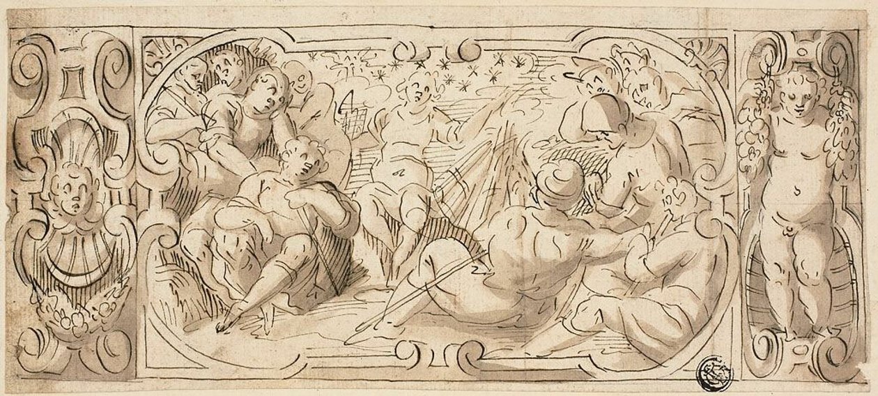Ontwerp voor decoratief fries met Jozef die zijn droom aan zijn broers uitlegt door Circle of Giovanni Battista Castello