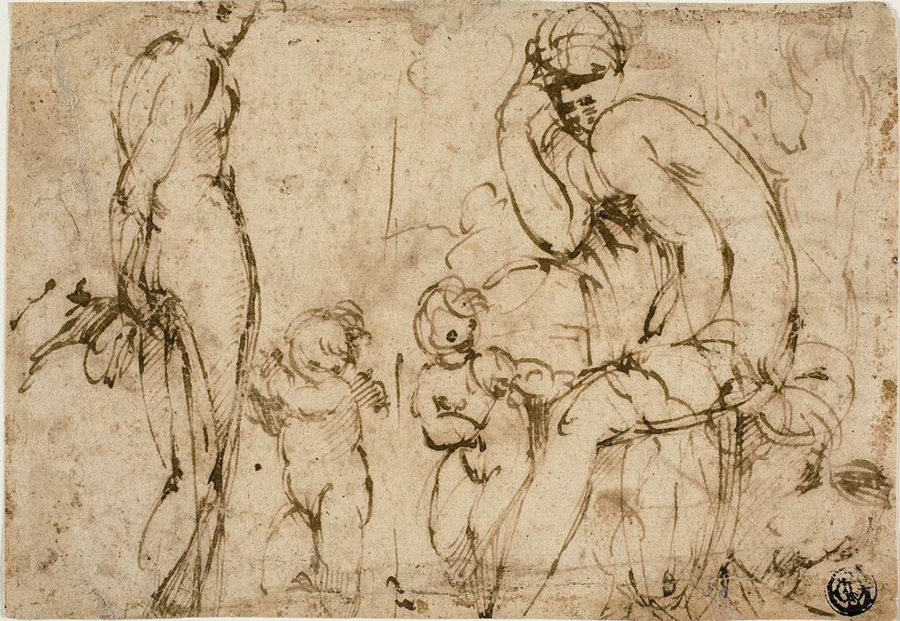 Venus en Mars met Putti (recto); Man met baard beweegt naar rechts (verso) door Circle of Parmigianino