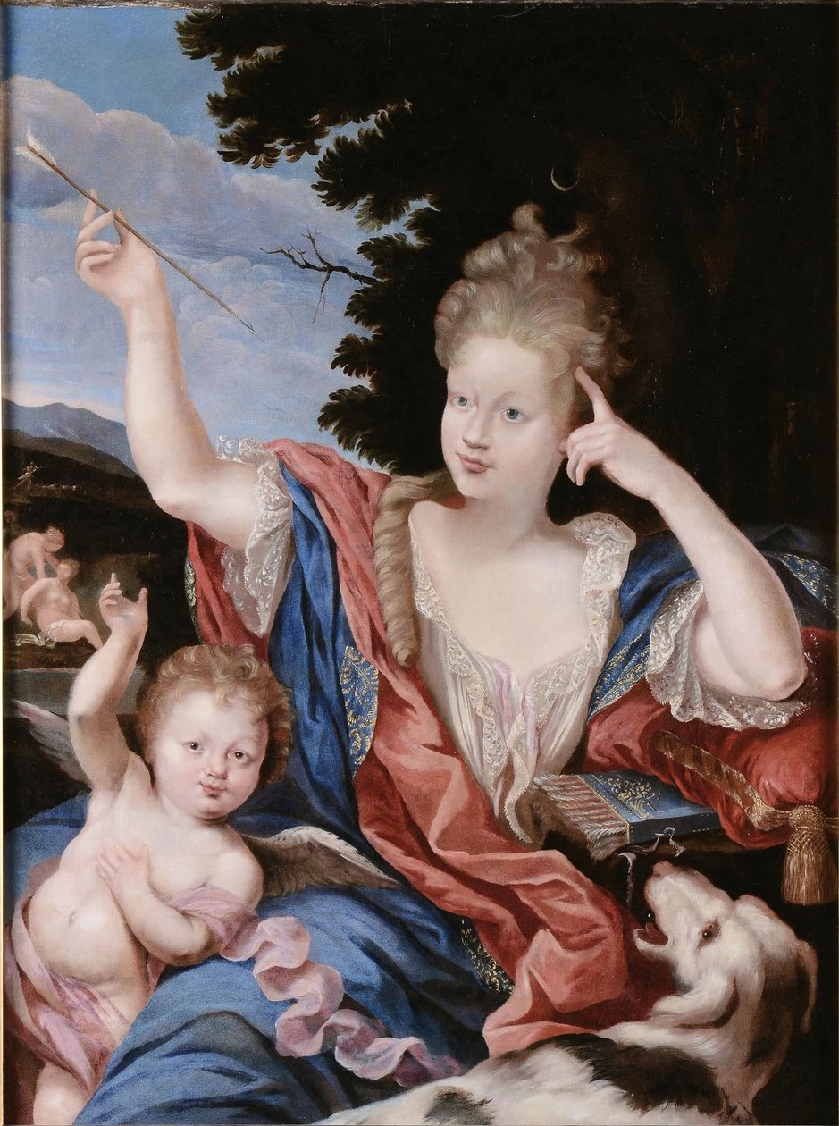 "Portret van een dame in het kostuum van Diana. door Circle of Pierre Mignard I