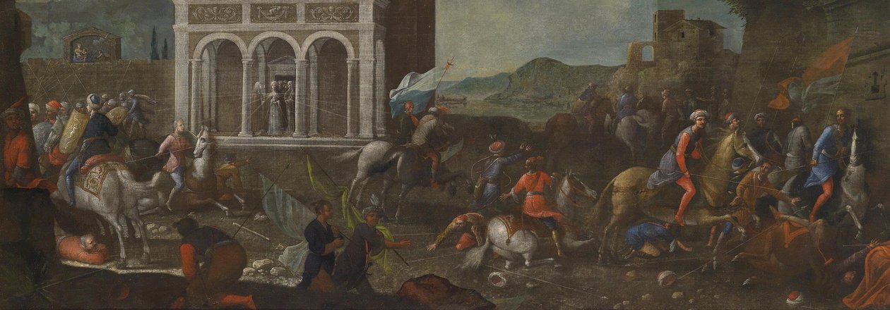 De heilige Catharina van Siena verdedigt een stad tegen de Turken door circle of Vittore Carpaccio