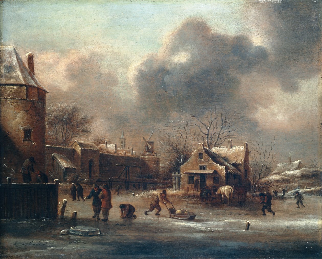 Schaatsscène: Figuren op het ijs bij de muren van een stad door Claes (1630 76) Molenaer