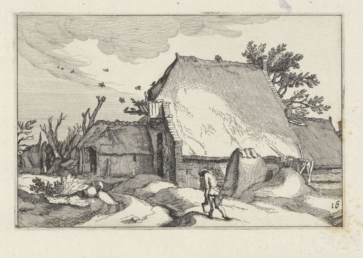 Boerderij en man met twee emmers door Claes Jansz. Visscher (II)