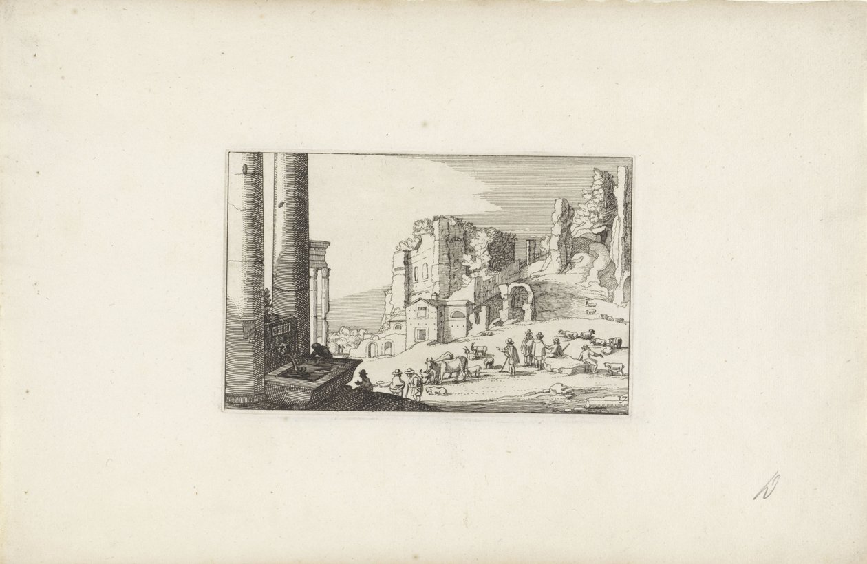 Heuvellandschap met een fontein en herders door Claes Jansz. Visscher (II)