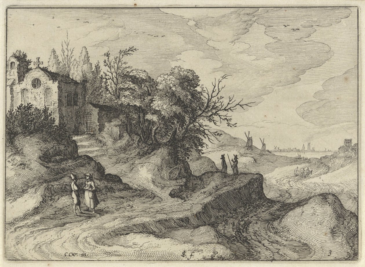 Kapel aan een slingerende landweg door Claes Jansz. Visscher (II)