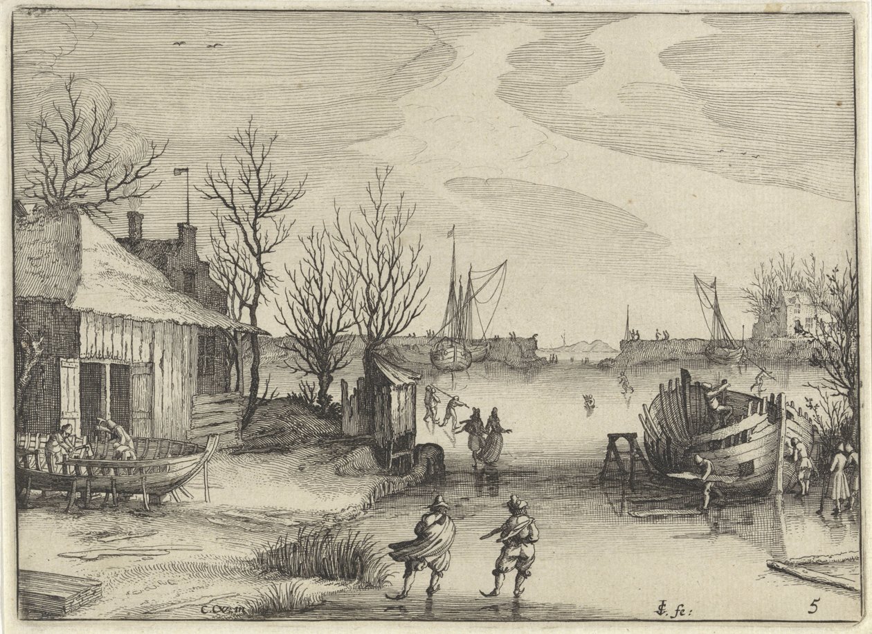 Scheepswerf aan een bevroren kanaal door Claes Jansz. Visscher (II)