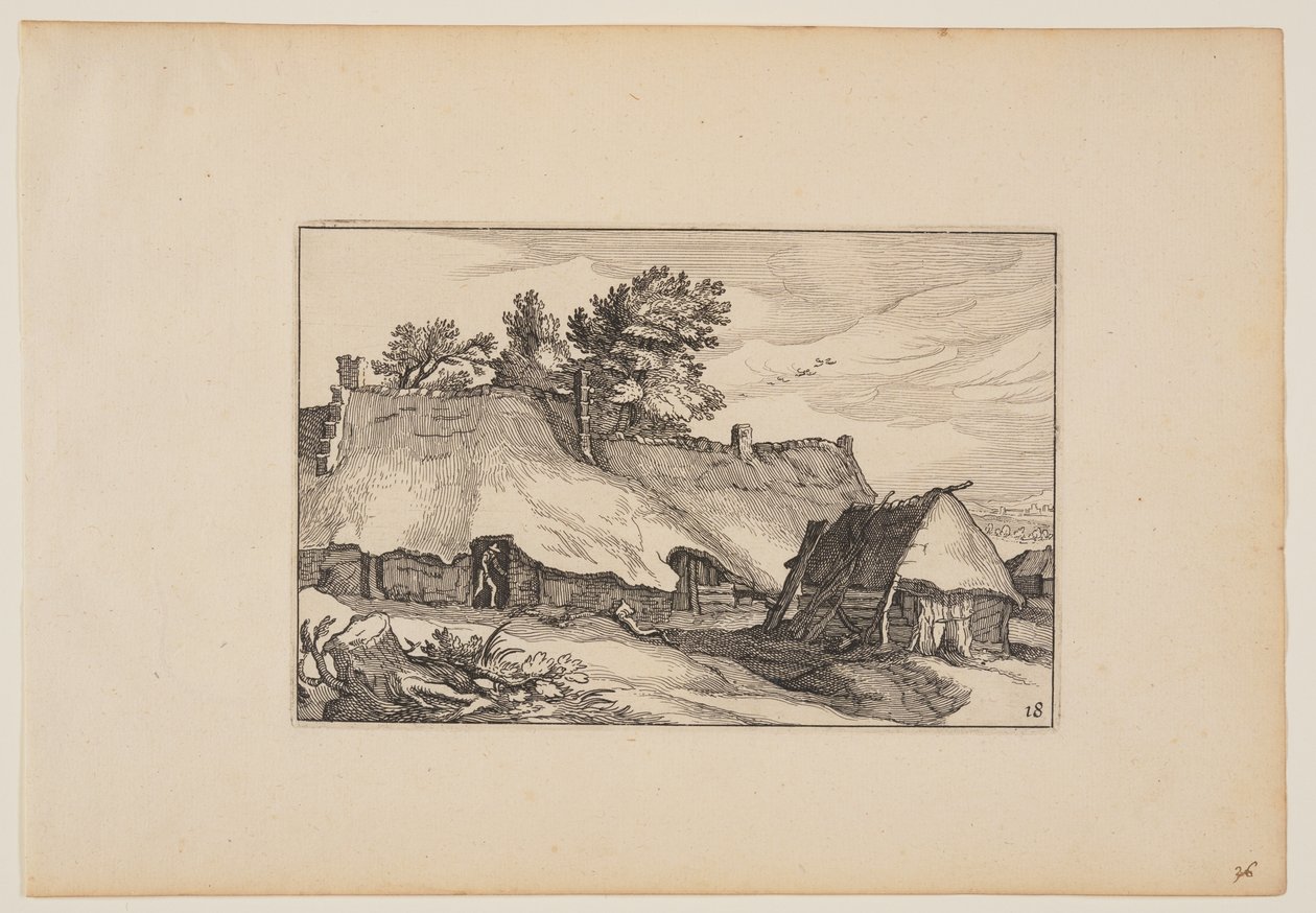 A Farm, Man in the Doorway, from Landscapes (Verscheyden aerdige Lanthuysen...) door Claes Jansz. Visscher