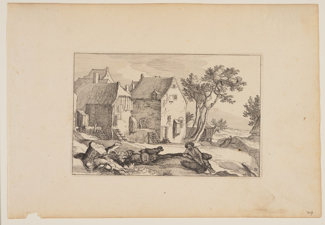 Een boerenerf, rustende herder op de voorgrond, uit Landschappen (Verscheyden aerdige Lanthuysen...) door Claes Jansz. Visscher