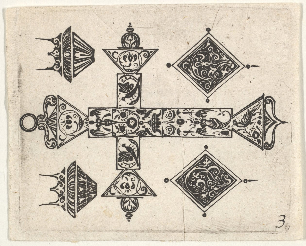 Blackwork print met een Latijns kruis en vier motieven, ca. 1620 door Claes Jansz Visscher