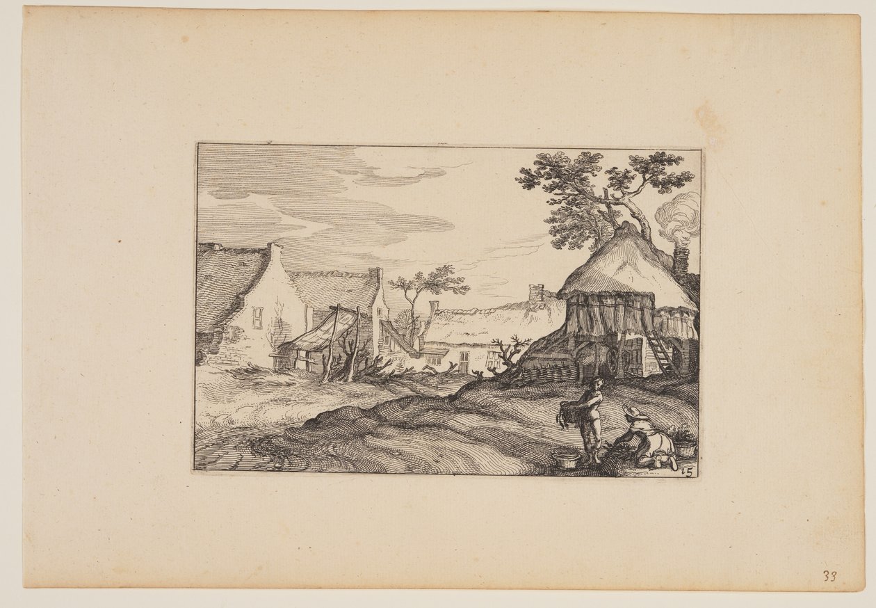 Jonge man en vrouw op de voorgrond, uit Landschappen (Verscheyden aerdige Lanthuysen...) door Claes Jansz. Visscher