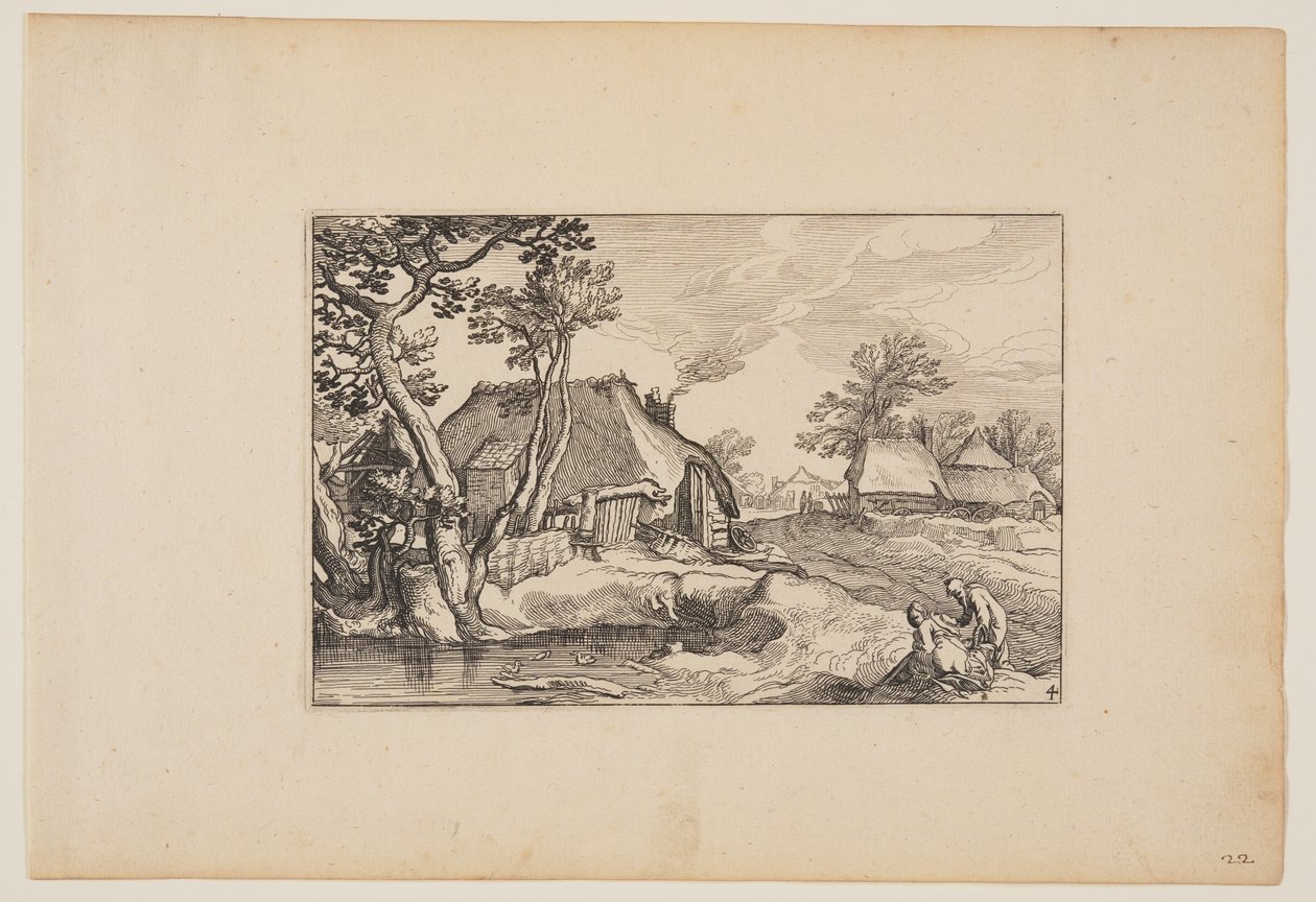 Oude man en vrouw rustend bij een vijver, uit Landschappen (Verscheyden aerdige Lanthuysen...) door Claes Jansz. Visscher