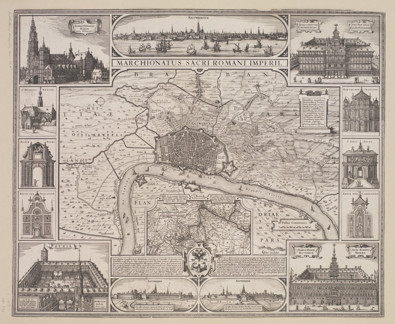 Plan van Antwerpen met uitzicht op de stad en de belangrijkste gebouwen door Claes Jansz. Visscher